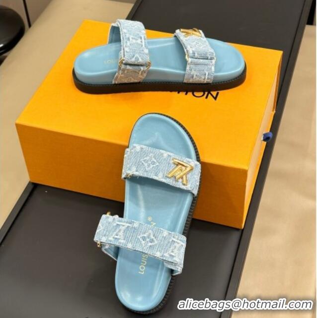 Low Cost Louis Vuitton LV Sunset Flat Comfort Slides Sandal in Blue Bleached Denim 724125