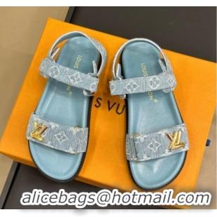 Best Grade Louis Vuitton LV Sunset Flat Comfort Sandals in Blue Bleached Denim 724126