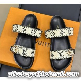 Best Price Louis Vuitton Bom Dia Flat Comfort Slides Sandal in Monogram Straw Black 0724128