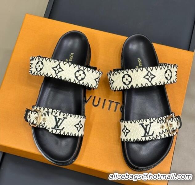 Best Price Louis Vuitton Bom Dia Flat Comfort Slides Sandal in Monogram Straw Black 0724128