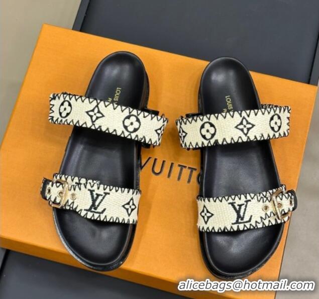 Best Price Louis Vuitton Bom Dia Flat Comfort Slides Sandal in Monogram Straw Black 0724128