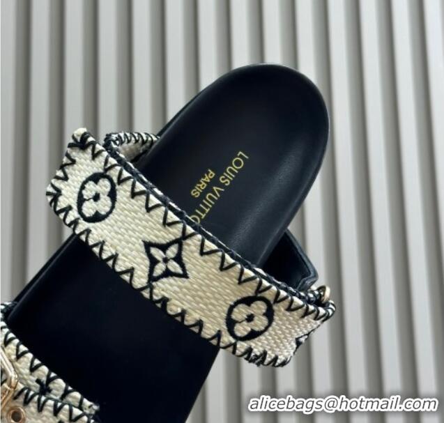 Best Price Louis Vuitton Bom Dia Flat Comfort Slides Sandal in Monogram Straw Black 0724128