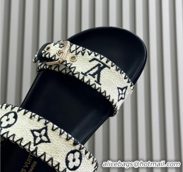 Best Price Louis Vuitton Bom Dia Flat Comfort Slides Sandal in Monogram Straw Black 0724128