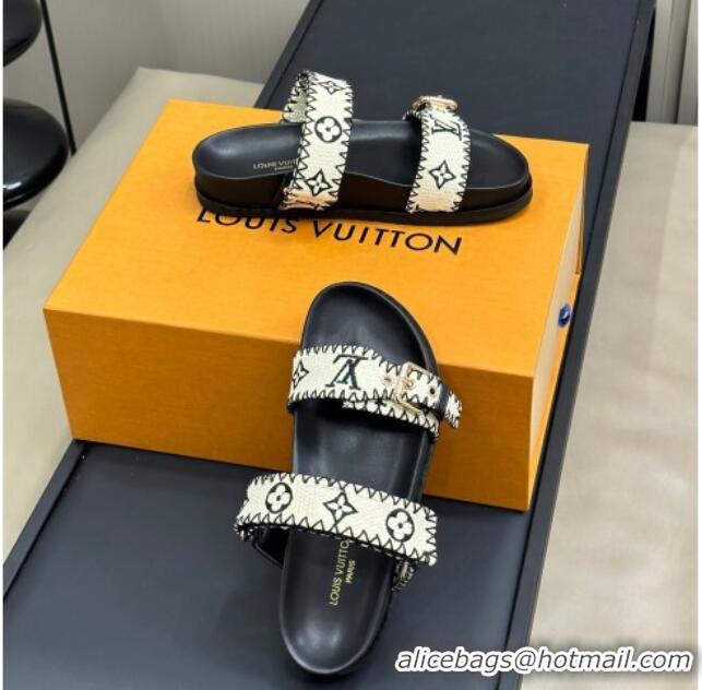 Best Price Louis Vuitton Bom Dia Flat Comfort Slides Sandal in Monogram Straw Black 0724128