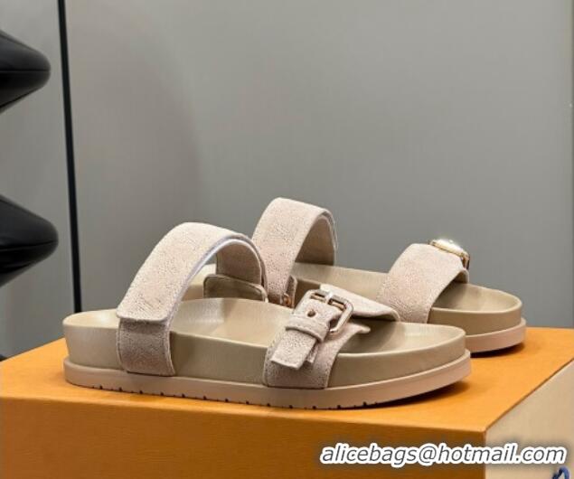 Purchase Louis Vuitton Bom Dia Flat Comfort Slides Sandal in Perforated Mahina Suede Beige 0724129