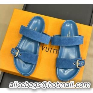 Good Quality Louis Vuitton Bom Dia Flat Comfort Slides Sandal in Perforated Mahina Suede Blue 0724130