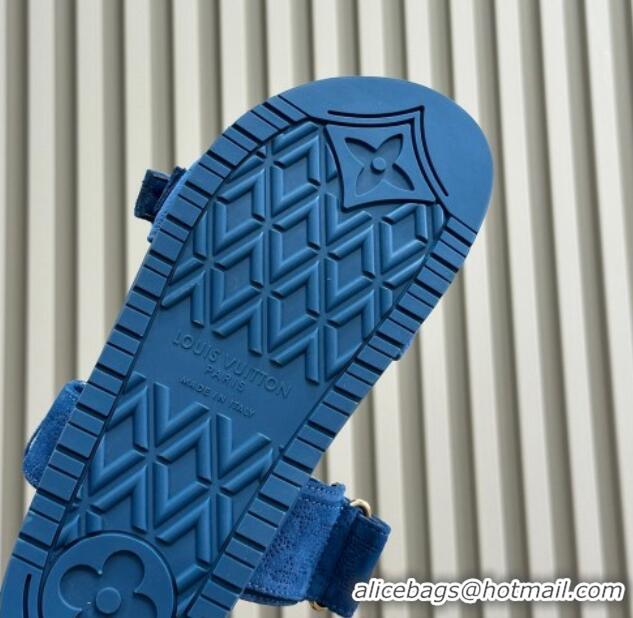 Good Quality Louis Vuitton Bom Dia Flat Comfort Slides Sandal in Perforated Mahina Suede Blue 0724130