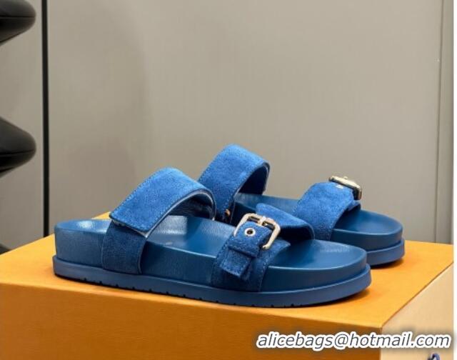 Good Quality Louis Vuitton Bom Dia Flat Comfort Slides Sandal in Perforated Mahina Suede Blue 0724130