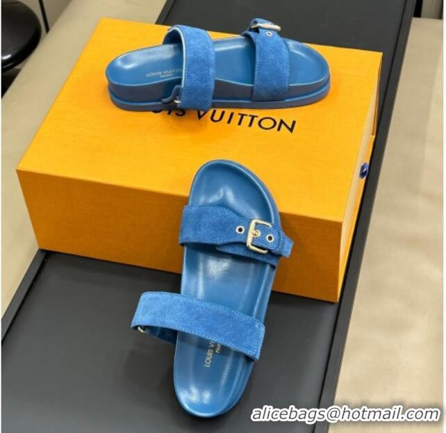 Good Quality Louis Vuitton Bom Dia Flat Comfort Slides Sandal in Perforated Mahina Suede Blue 0724130