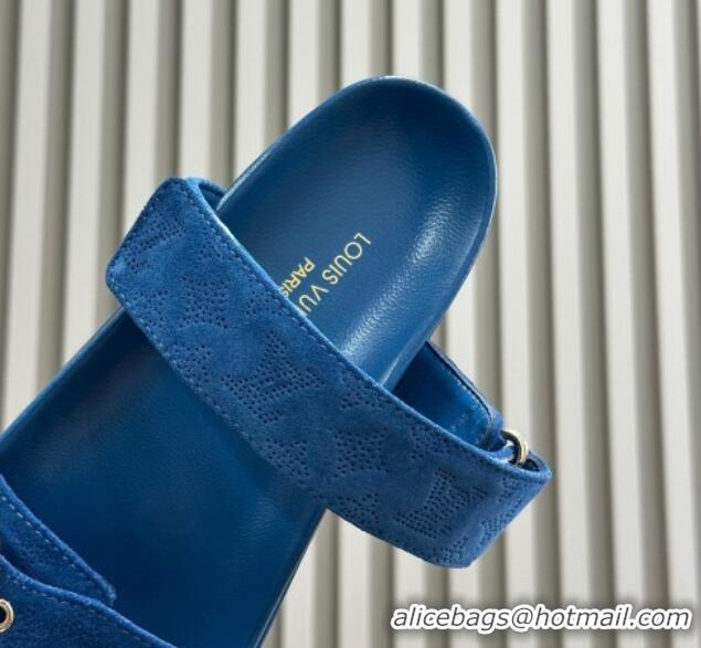 Good Quality Louis Vuitton Bom Dia Flat Comfort Slides Sandal in Perforated Mahina Suede Blue 0724130