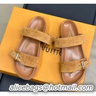 Stylish Louis Vuitton Bom Dia Flat Comfort Slides Sandal in Perforated Mahina Suede Brown 0724131