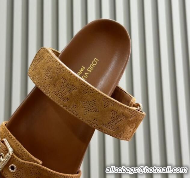 Stylish Louis Vuitton Bom Dia Flat Comfort Slides Sandal in Perforated Mahina Suede Brown 0724131