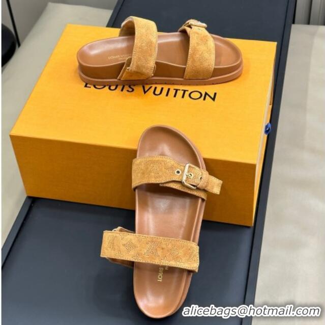 Stylish Louis Vuitton Bom Dia Flat Comfort Slides Sandal in Perforated Mahina Suede Brown 0724131