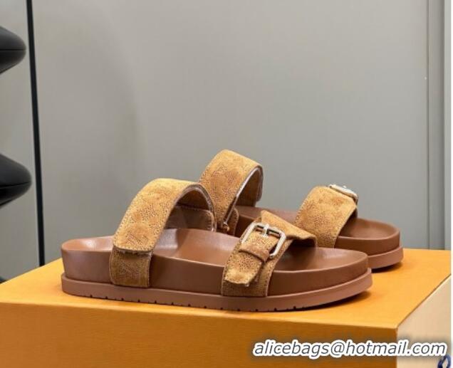 Stylish Louis Vuitton Bom Dia Flat Comfort Slides Sandal in Perforated Mahina Suede Brown 0724131