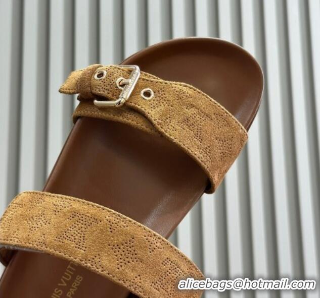 Stylish Louis Vuitton Bom Dia Flat Comfort Slides Sandal in Perforated Mahina Suede Brown 0724131