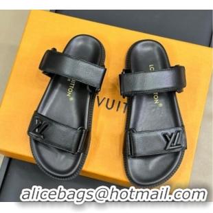 Sumptuous Louis Vuitton Bom Dia Flat Comfort Slides Sandal in Calf Leather All Black 0724132