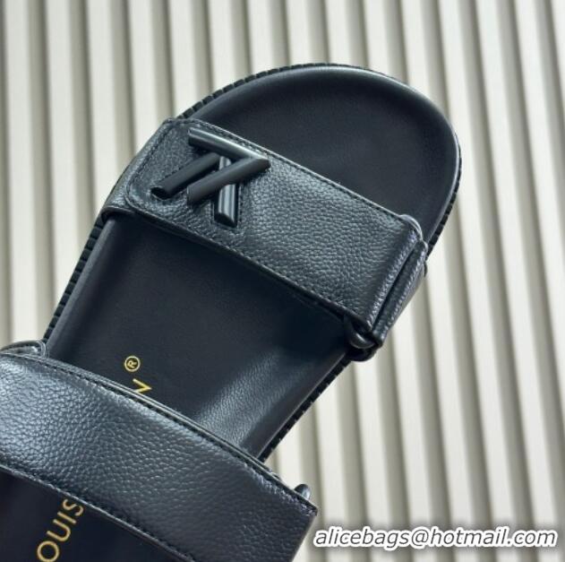 Sumptuous Louis Vuitton Bom Dia Flat Comfort Slides Sandal in Calf Leather All Black 0724132