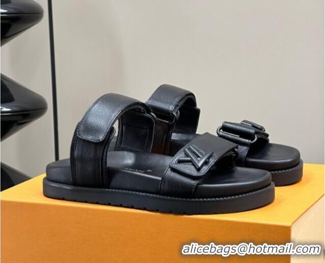 Sumptuous Louis Vuitton Bom Dia Flat Comfort Slides Sandal in Calf Leather All Black 0724132