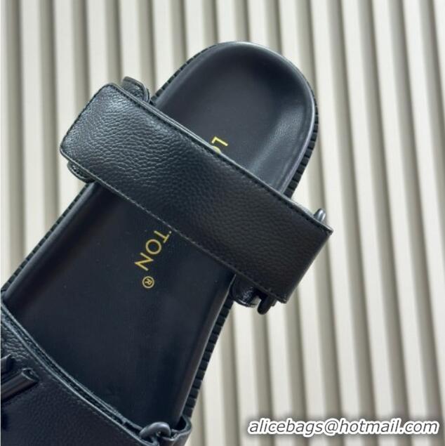 Sumptuous Louis Vuitton Bom Dia Flat Comfort Slides Sandal in Calf Leather All Black 0724132