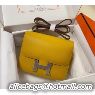 Best Price Hermes Constance Mini Bag 18cm in Epsom Palm-Grained Leather 8057 Amber Yellow/Silver 2024 (Half Handmade)