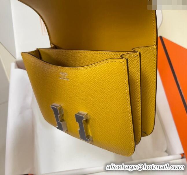 Best Price Hermes Constance Mini Bag 18cm in Epsom Palm-Grained Leather 8057 Amber Yellow/Silver 2024 (Half Handmade)