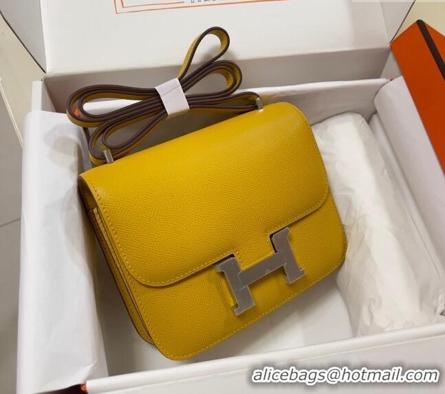 Best Price Hermes Constance Mini Bag 18cm in Epsom Palm-Grained Leather 8057 Amber Yellow/Silver 2024 (Half Handmade)