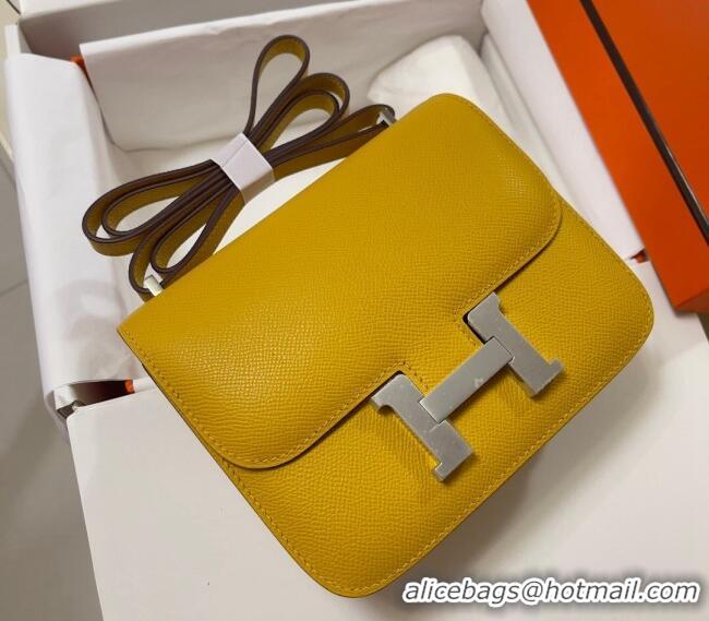 Best Price Hermes Constance Mini Bag 18cm in Epsom Palm-Grained Leather 8057 Amber Yellow/Silver 2024 (Half Handmade)