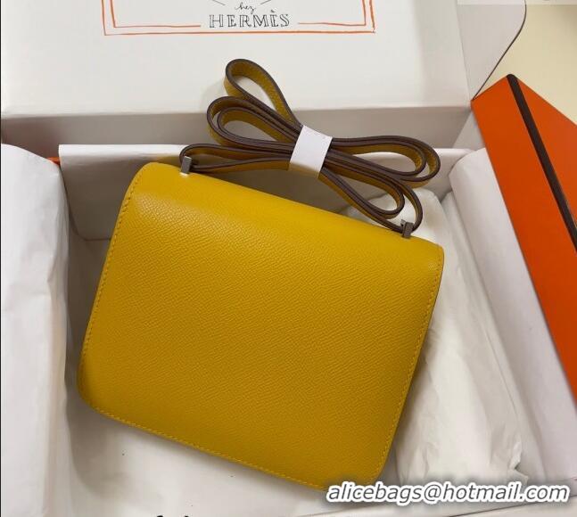 Best Price Hermes Constance Mini Bag 18cm in Epsom Palm-Grained Leather 8057 Amber Yellow/Silver 2024 (Half Handmade)