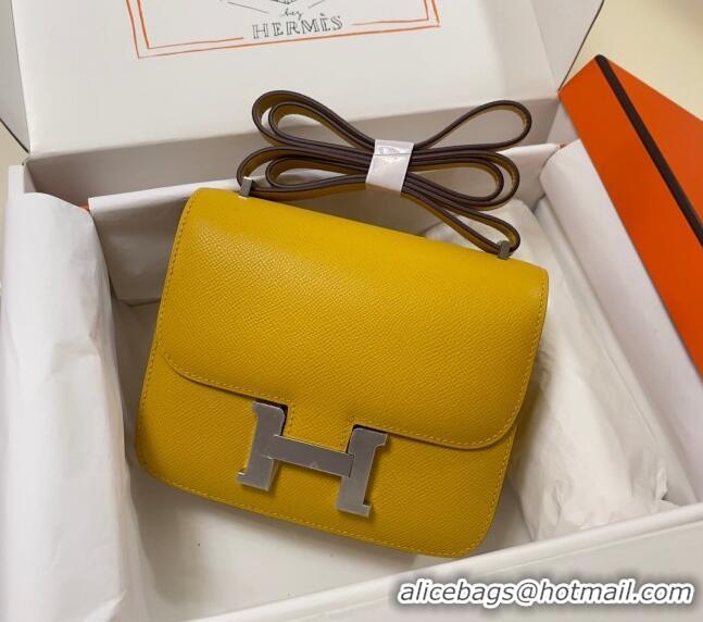 Best Price Hermes Constance Mini Bag 18cm in Epsom Palm-Grained Leather 8057 Amber Yellow/Silver 2024 (Half Handmade)