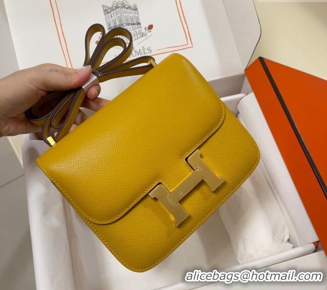 Top Design Hermes Constance Mini Bag 18cm in Epsom Palm-Grained Leather 8057 Amber Yellow/Gold 2024 (Half Handmade)