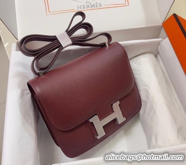 Well Crafted Hermes Constance Mini Bag 18cm in Epsom Palm-Grained Leather 8057 Bordeaux Red/Silver 2024 (Half Handmade)