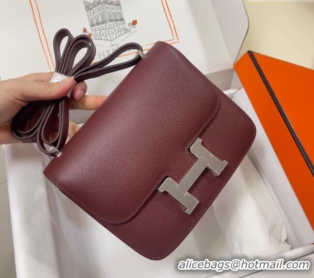 Well Crafted Hermes Constance Mini Bag 18cm in Epsom Palm-Grained Leather 8057 Bordeaux Red/Silver 2024 (Half Handmade)