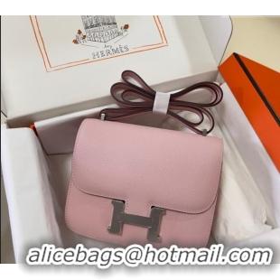 New Cheap Hermes Constance Mini Bag 18cm in Epsom Palm-Grained Leather 8057 3Q Sakura Pink/Silver 2024 (Half Handmade)