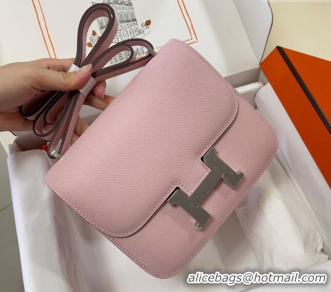 New Cheap Hermes Constance Mini Bag 18cm in Epsom Palm-Grained Leather 8057 3Q Sakura Pink/Silver 2024 (Half Handmade)