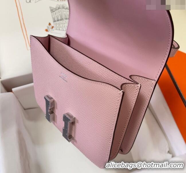 New Cheap Hermes Constance Mini Bag 18cm in Epsom Palm-Grained Leather 8057 3Q Sakura Pink/Silver 2024 (Half Handmade)