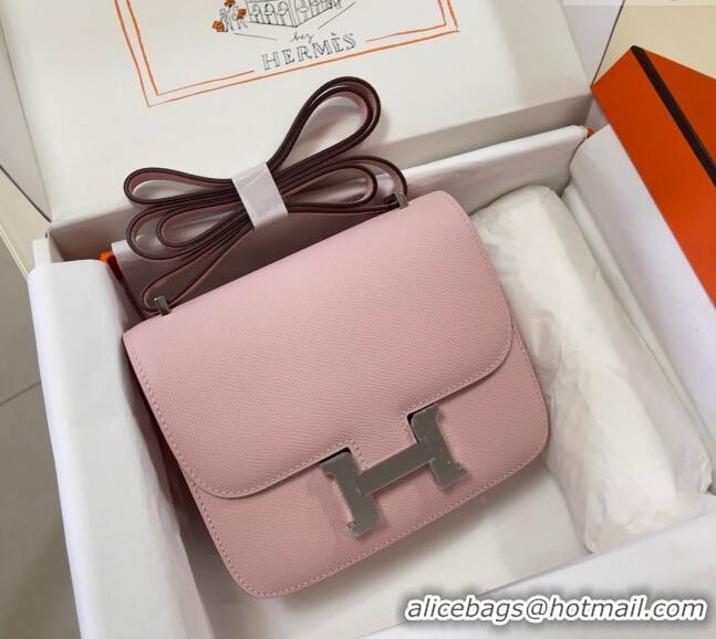 New Cheap Hermes Constance Mini Bag 18cm in Epsom Palm-Grained Leather 8057 3Q Sakura Pink/Silver 2024 (Half Handmade)