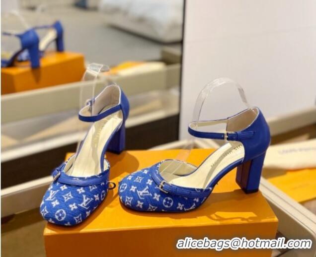 Feminine Louis Vuitton Mary Janes Pumps 8cm in Monogram Textile and Leather Blue 0724133