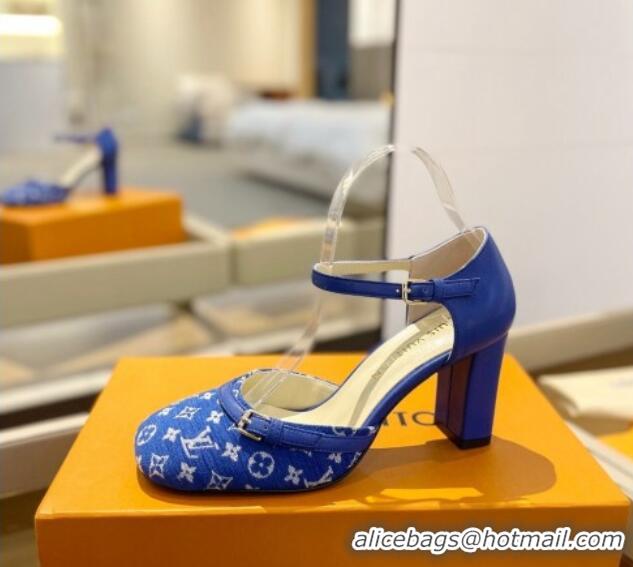 Feminine Louis Vuitton Mary Janes Pumps 8cm in Monogram Textile and Leather Blue 0724133