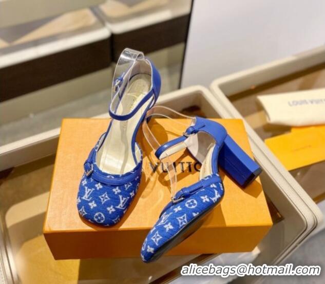 Feminine Louis Vuitton Mary Janes Pumps 8cm in Monogram Textile and Leather Blue 0724133