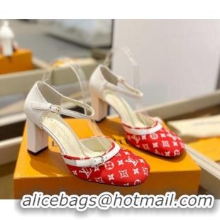 Grade Quality Louis Vuitton Mary Janes Pumps 8cm in Monogram Textile and Leather Red/White 724134 