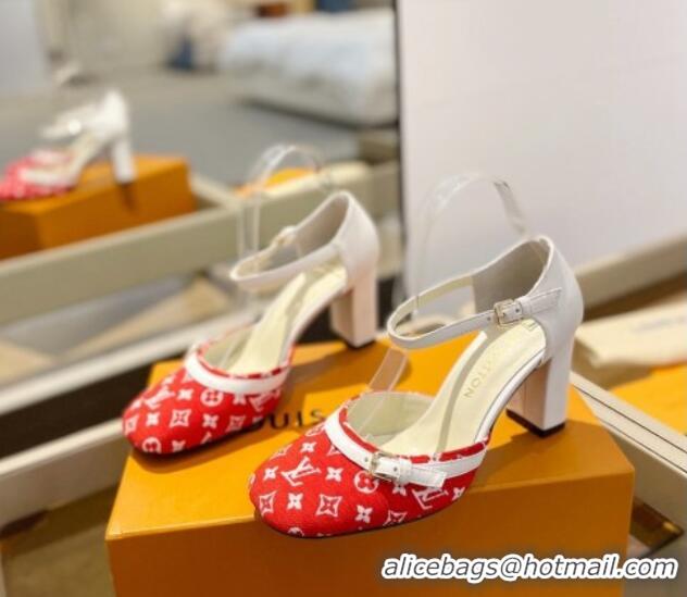 Grade Quality Louis Vuitton Mary Janes Pumps 8cm in Monogram Textile and Leather Red/White 724134 