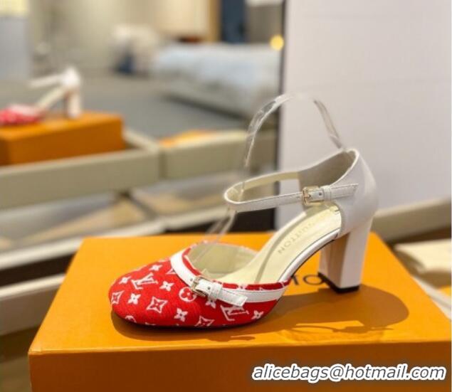 Grade Quality Louis Vuitton Mary Janes Pumps 8cm in Monogram Textile and Leather Red/White 724134 