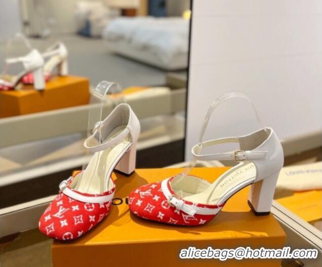 Grade Quality Louis Vuitton Mary Janes Pumps 8cm in Monogram Textile and Leather Red/White 724134 