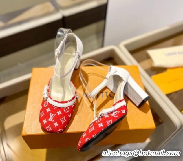 Grade Quality Louis Vuitton Mary Janes Pumps 8cm in Monogram Textile and Leather Red/White 724134 