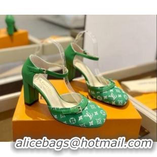 Top Grade Louis Vuitton Mary Janes Pumps 8cm in Monogram Textile and Leather Green 724135 