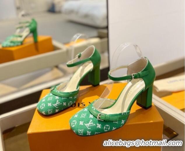 Top Grade Louis Vuitton Mary Janes Pumps 8cm in Monogram Textile and Leather Green 724135 