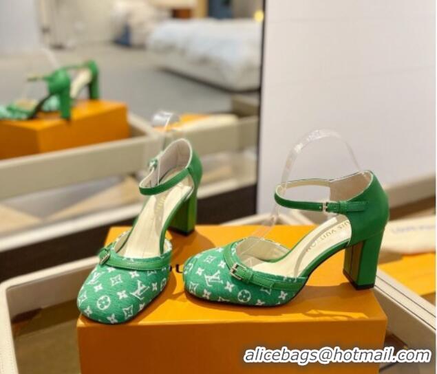 Top Grade Louis Vuitton Mary Janes Pumps 8cm in Monogram Textile and Leather Green 724135 