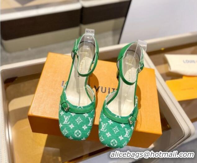 Top Grade Louis Vuitton Mary Janes Pumps 8cm in Monogram Textile and Leather Green 724135 