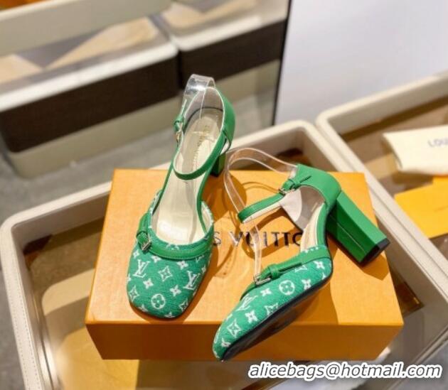 Top Grade Louis Vuitton Mary Janes Pumps 8cm in Monogram Textile and Leather Green 724135 