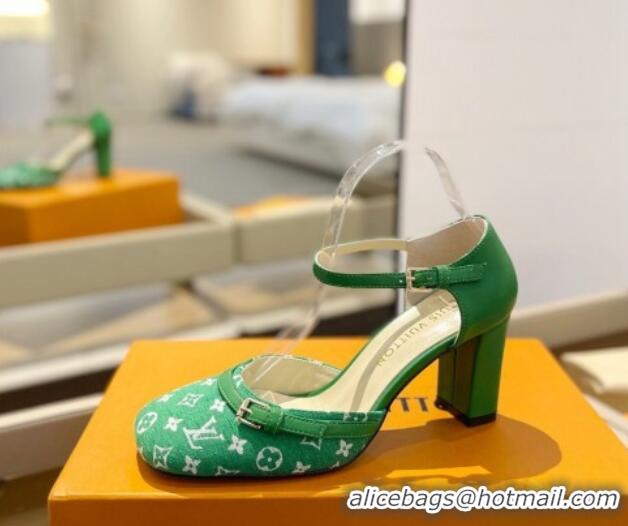 Top Grade Louis Vuitton Mary Janes Pumps 8cm in Monogram Textile and Leather Green 724135 